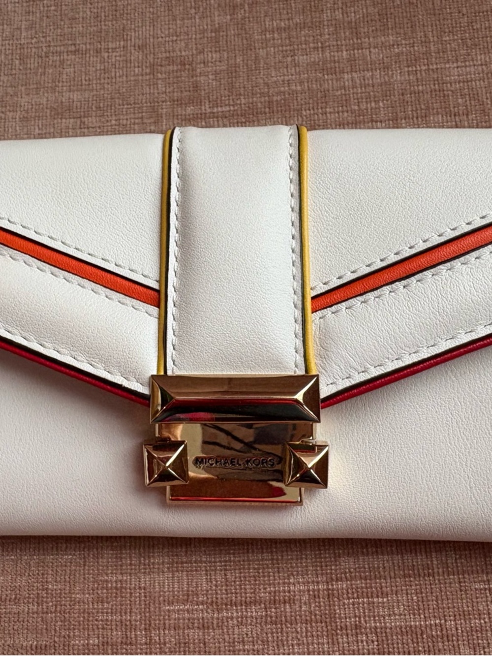 Michael Kors White Leather Envelope Clutch with Red & Orange Trim
